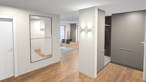 Moderner Flur mit Holzboden, großer Spiegel an der Wand und grauem Einbauschrank mit Garderobe