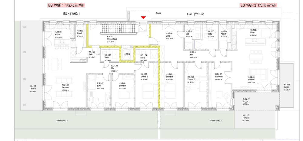 Grundriss Erdgeschoss mit zwei Wohneinheiten, EG_WGH 1 mit 142,40 m² und EG_WGH 2 mit 176,16 m², zeigt Zimmeranordnung, Möbel und Terrassenbereiche
