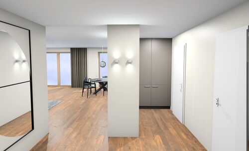 Moderner Flur mit Holzboden, weißen Wänden, zwei Wandlampen und Blick in Essbereich mit Tisch und Stühlen