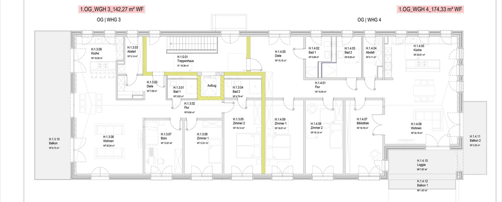 Grundriss des Obergeschosses mit Raumaufteilung und Flächenangaben in Quadratmetern,
